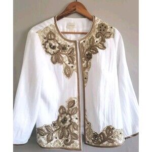 Chico's Blazer Womens Size 1 White Gold Embroidered Bronze Metallic Trim Lined
